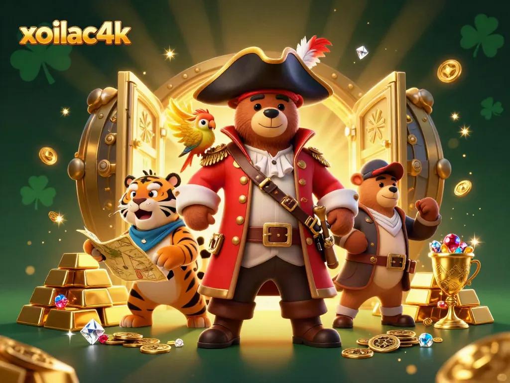 Engage with the exciting xoilac4k casino scene featuring a pirate bear, tiger, and treasure elements.