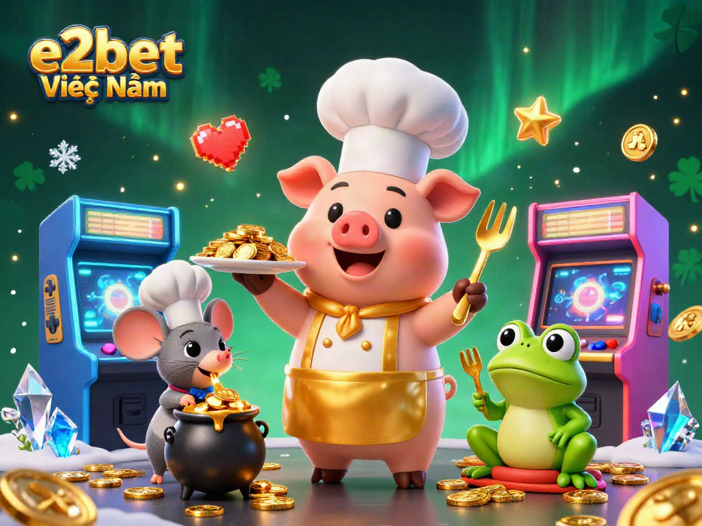 Chơi game tại e2bet Việt Nam với nhân vật vui nhộn, tiền kim hoàn và không gian casino.