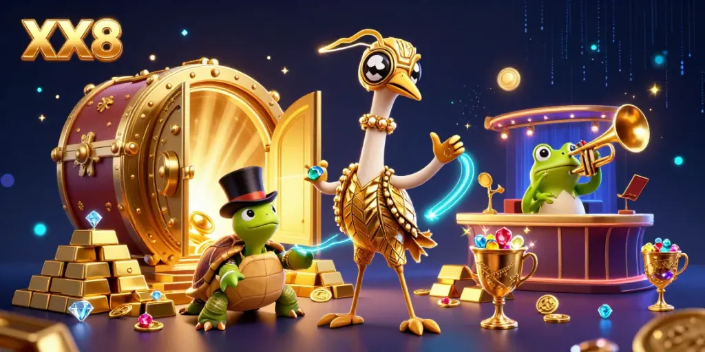 Experience the vibrant XX8 casino scene with cartoon characters and treasures bursting with excitement.