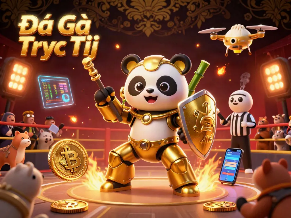 Engage in thrilling Đá Gà Trực Tiếp battles with a dynamic mech-suit panda and crypto elements.