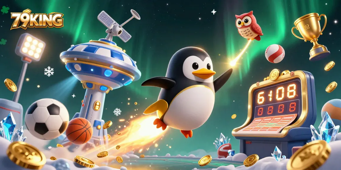 Bet on thrilling moments with 79KING, a vibrant 3D scene of a golden penguin launching amidst flying sports balls and a massive poker chip.