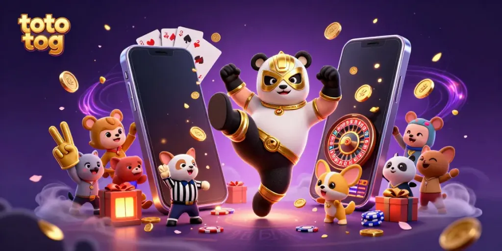 Experience the excitement of toto tog with cartoon animals at a vibrant casino scene.
