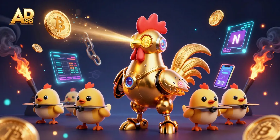 Engage with AD88’s thrilling gaming universe featuring a golden rooster robot and crypto elements.
