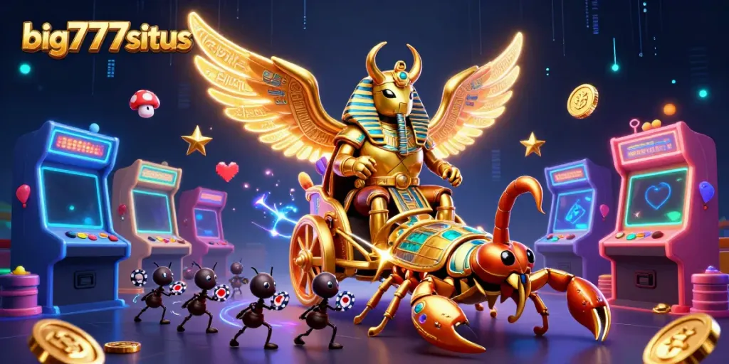 Experience excitement at big777situs with a vibrant casino scene featuring a golden scarab beetle and poker chips.