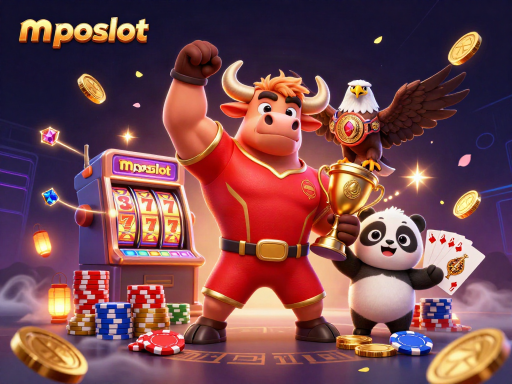 Menangkan permainan mposlot dengan simbol slot dan trofi emas yang bersinar.