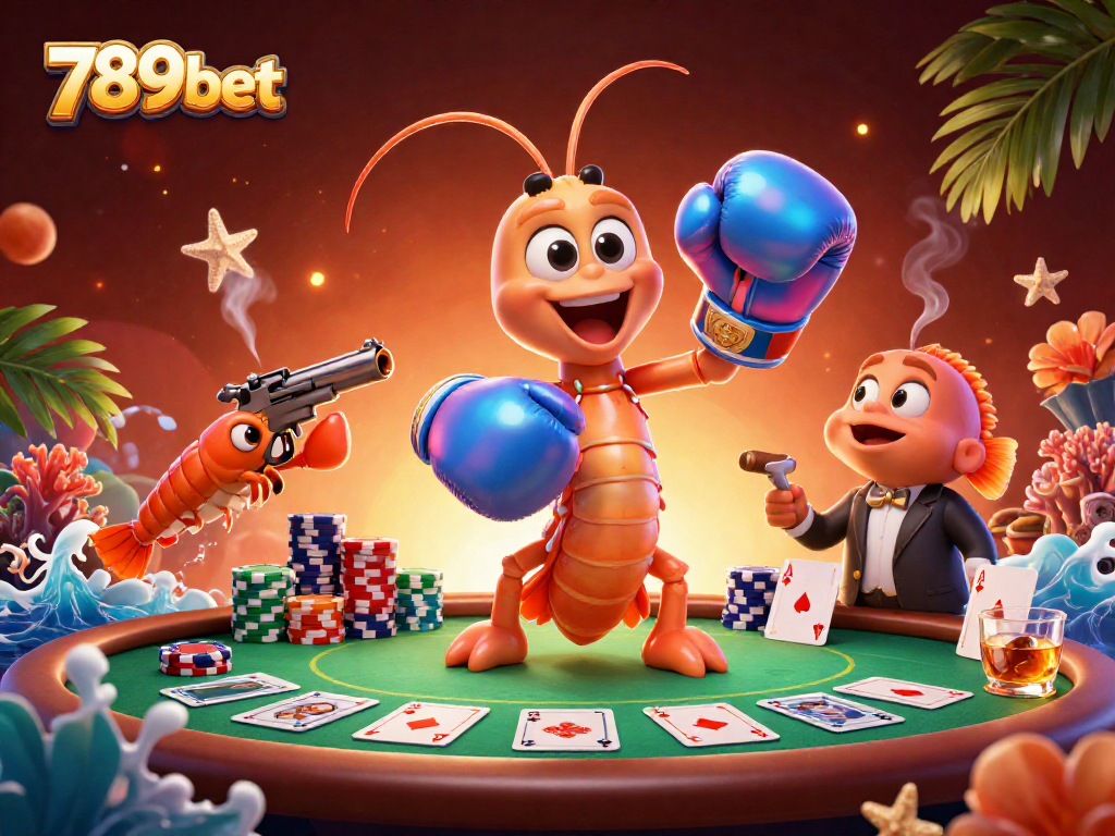 Experience thrilling poker action with 789bet, featuring dynamic 3D shrimp characters amidst vibrant gaming elements.