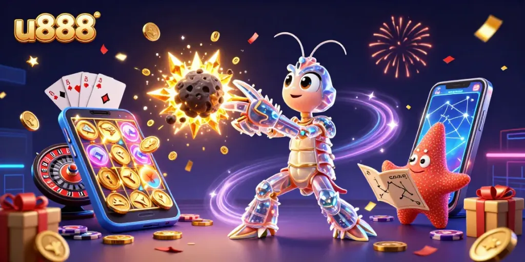 Experience the excitement of u888 with vibrant slot games and cosmic characters in a captivating casino scene.
