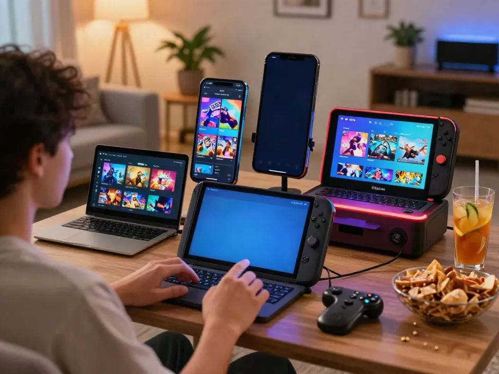 Engaging scene of Yono Arcade mobile gaming experience in a cozy living room.