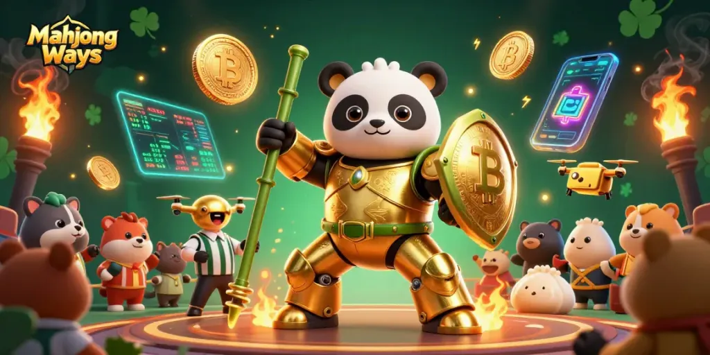 Engage in Mahjong Ways slot gameplay with a vibrant 3D panda robot battling amidst crypto coins.