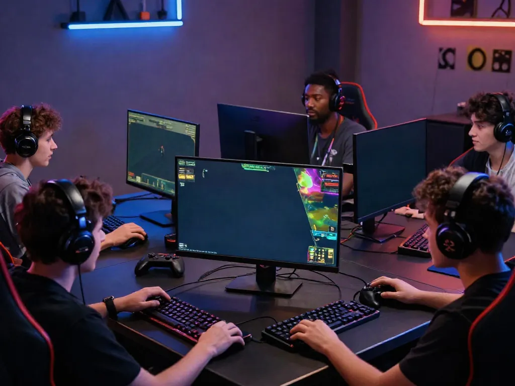 Players enjoying qqmacan in a vibrant gaming room with dynamic visuals.