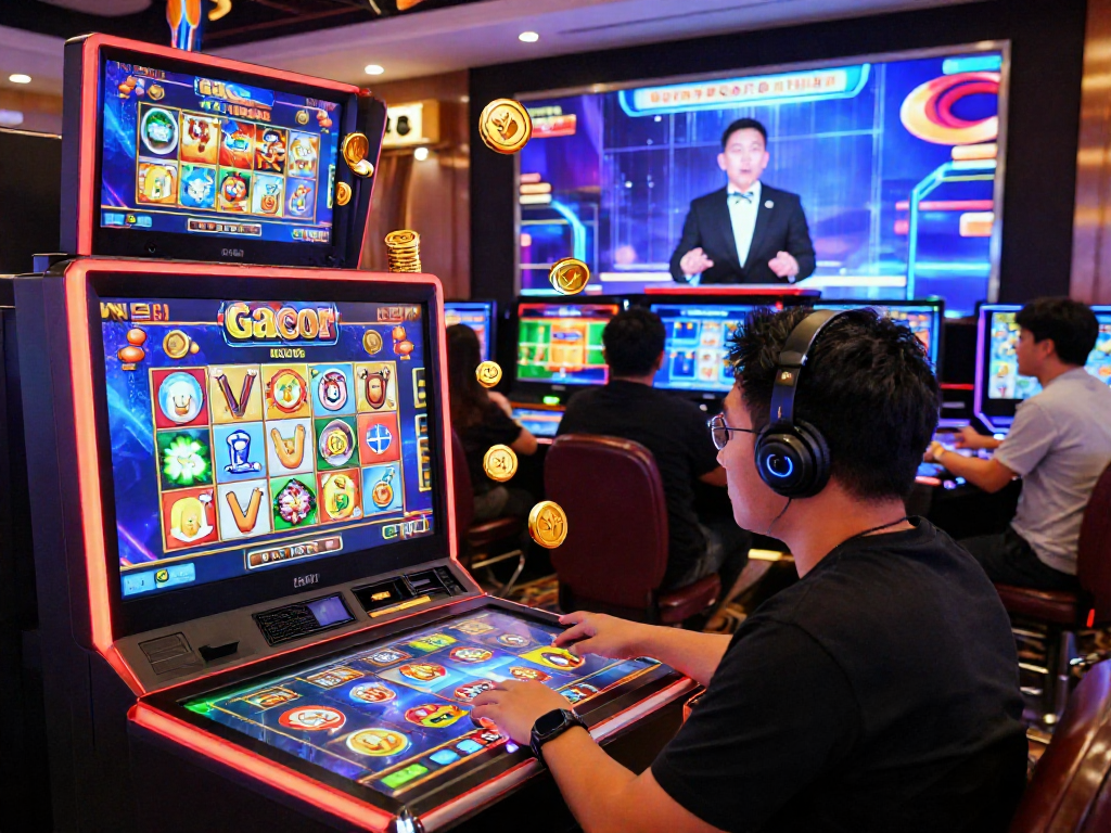 Exciting player engaged with slot gacor game in modern virtual casino environment, showcasing dynamic graphics.
