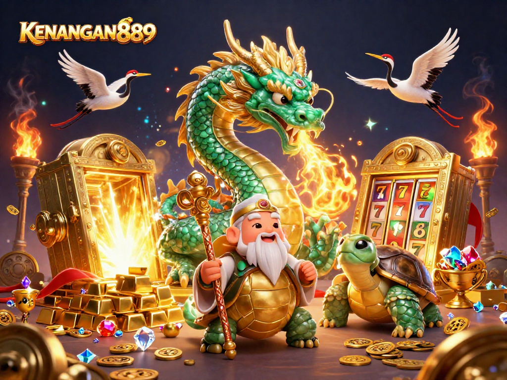 Experience the excitement of KENANGAN889 with a jade dragon and vibrant casino elements.