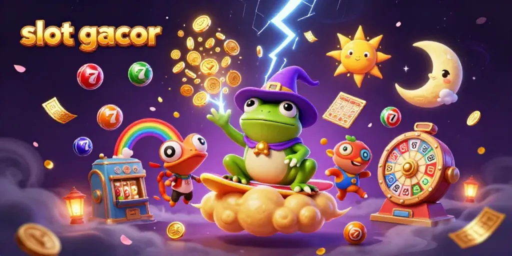 Engage with slot gacor excitement through a vibrant scene of dancing characters and symbols celebrating wins.
