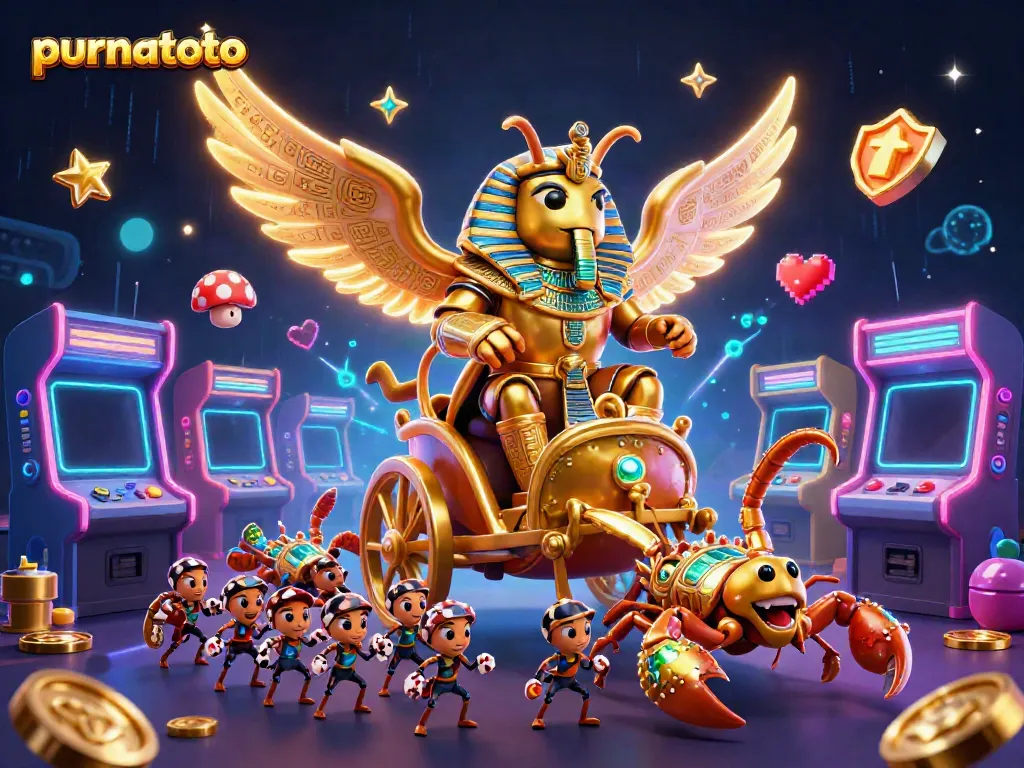 Pemain slot di PURNATOTO bermain dengan antusias, dikelilingi simbol keberuntungan dan chip poker.