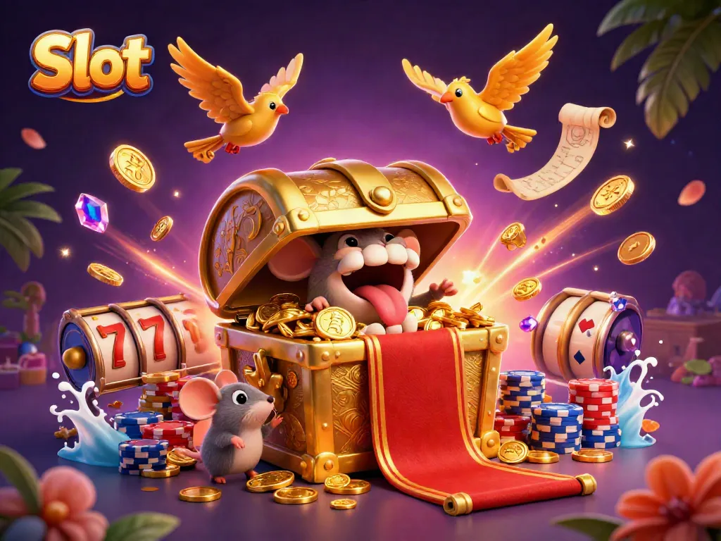 Spin the Slot reels for riches in a vibrant 3D casino illustration showcasing treasure and excitement.