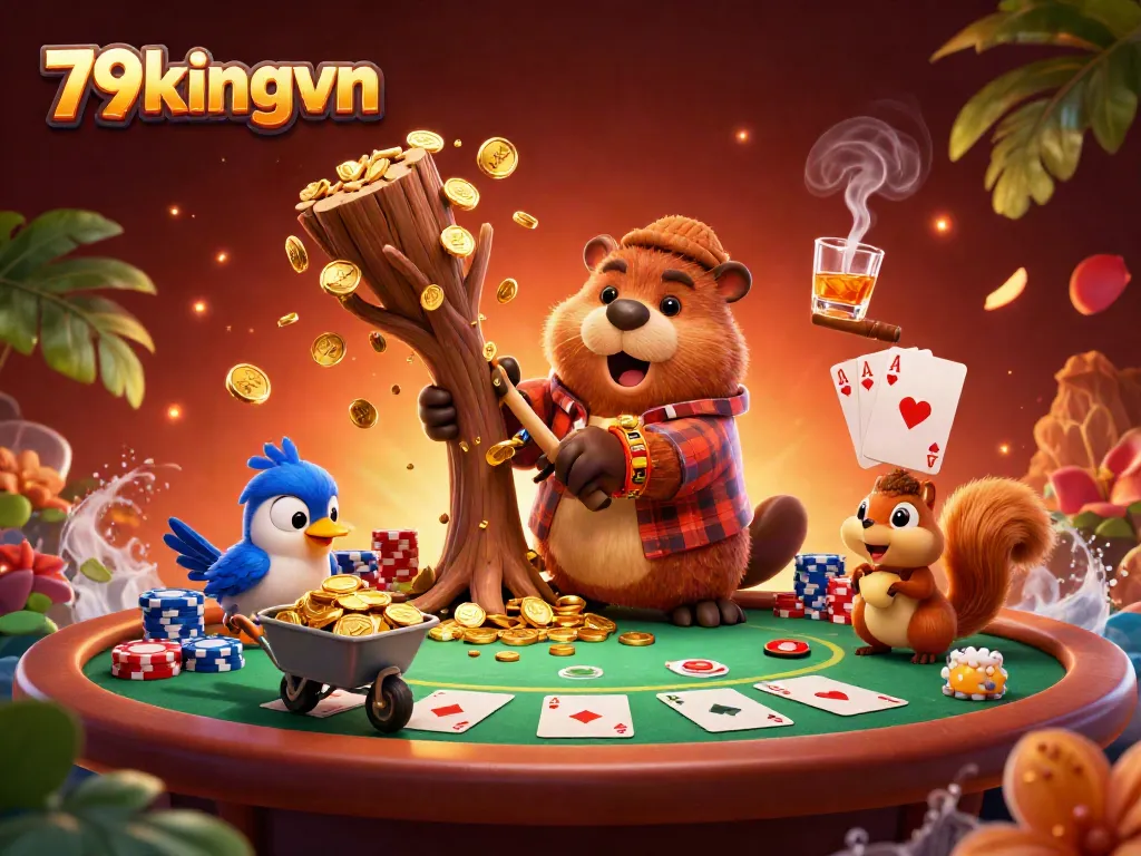 Experience the thrilling action at 79kingvn with a beaver, bird, and squirrel in a vibrant casino scene.