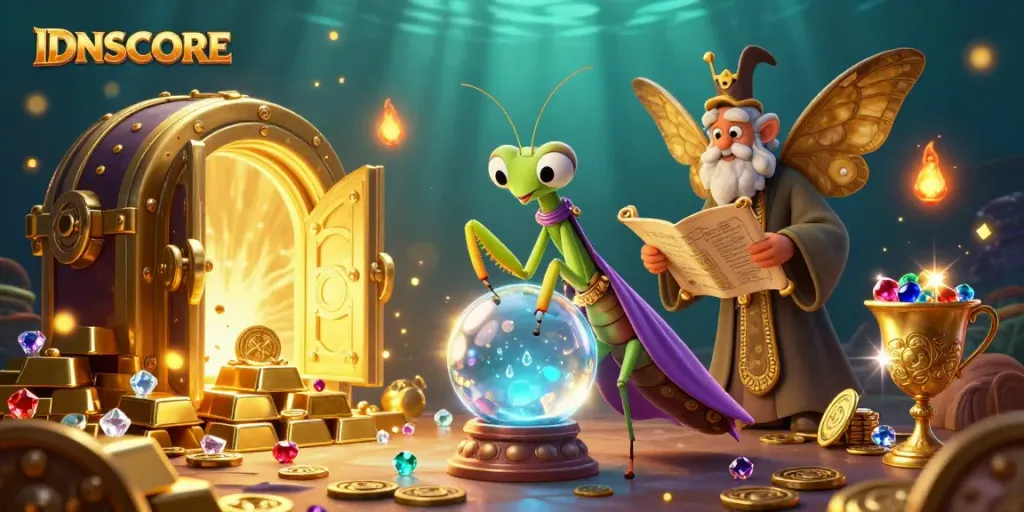 Experience IDNSCORE's gaming adventures with a vibrant, mystical scene of fortune and wealth.