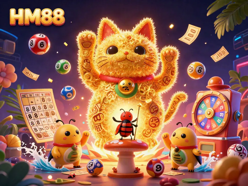 Experience excitement at HM88 with golden fireflies and dynamic casino elements in a colorful scene.