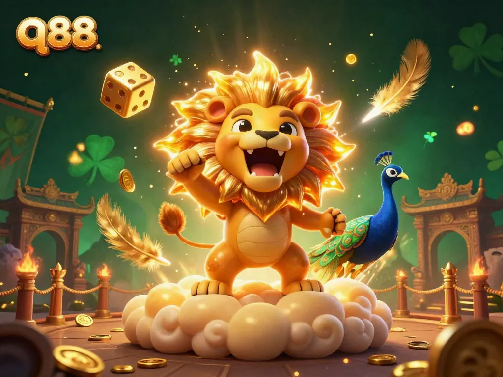 Experience the thrilling gameplay at q88, where a powerful sun lion and golden dice embody luck and fortune.