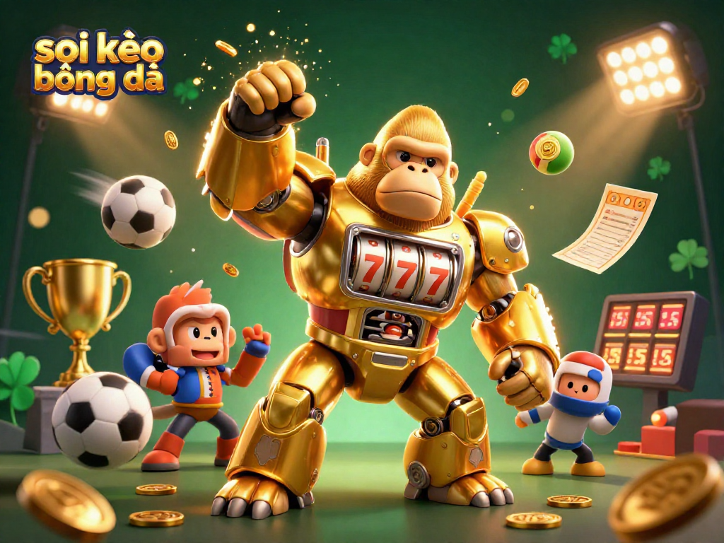 Engage with soi kèo bóng đá through a dynamic scene of a mech gorilla and sports elements.