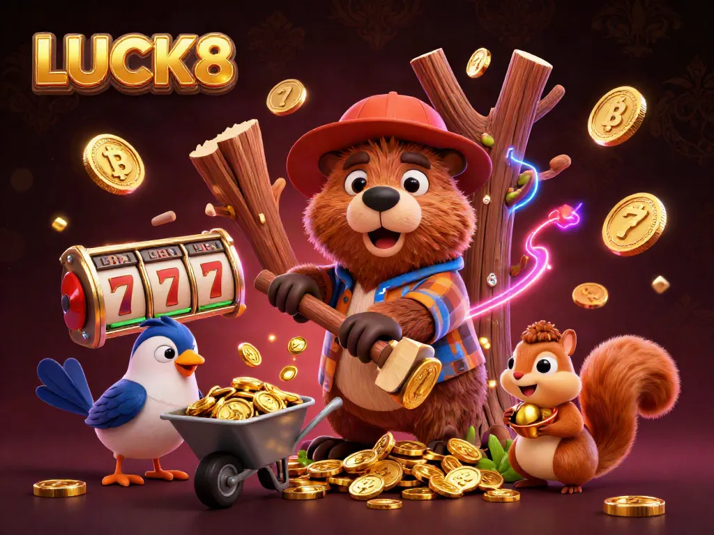 LUCK8 captivates with a lively 3D cartoon scene of a beaver and friends collecting golden coins while playing slot machines.