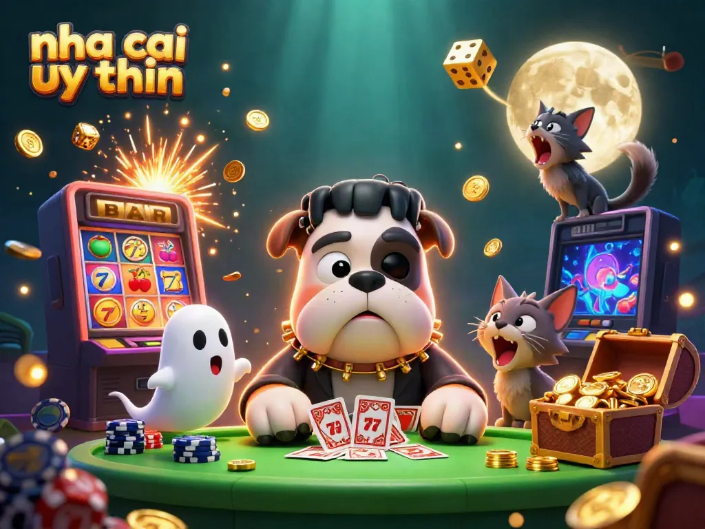 Engage with nha cai uy tin's thrilling casino scene with a playful bulldog dealer and dynamic gaming elements.