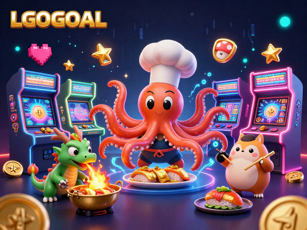 Spin and win with LGOGOAL's vibrant casino scene featuring an octopus chef and dragon.
