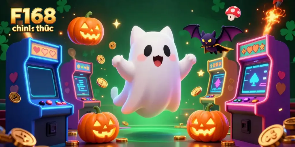 Experience gaming thrills with F168 chính thức as a ghost cat flows through a haunted casino.