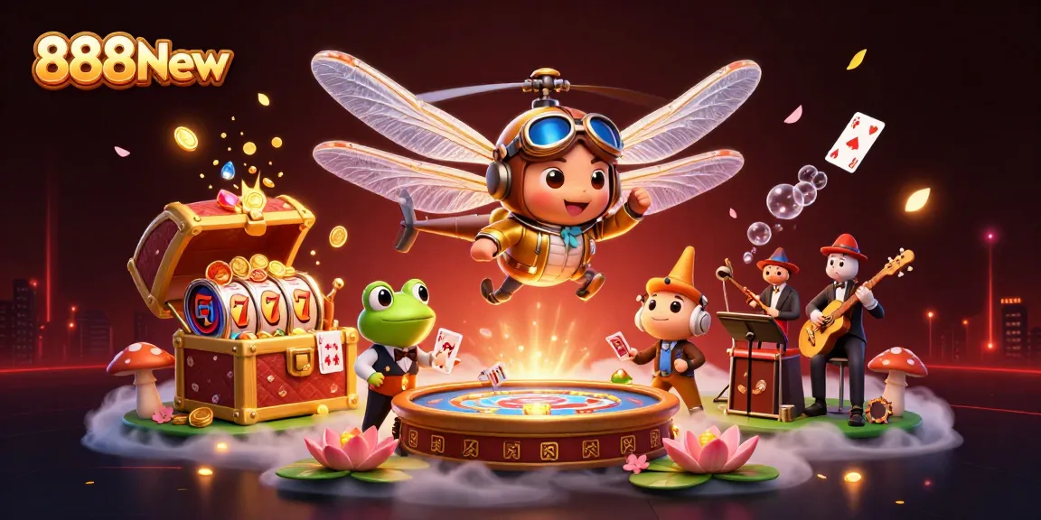 Play and win at 888New with a thrilling casino scene featuring a dragonfly pilot and frog croupier.