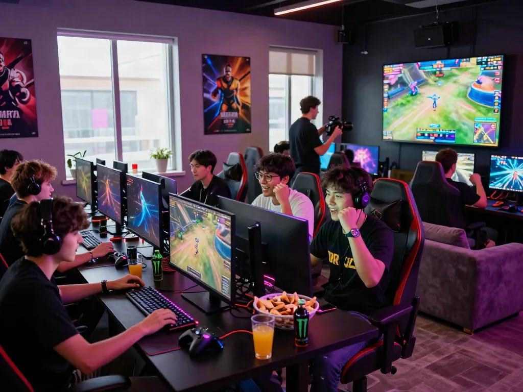 Gamers in action at rokok88 gaming lounge with vibrant atmosphere