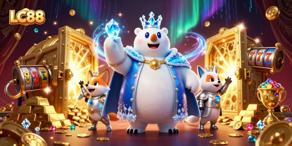 LC88 engages players in exciting slot games featuring jewels and riches in this dynamic casino illustration.