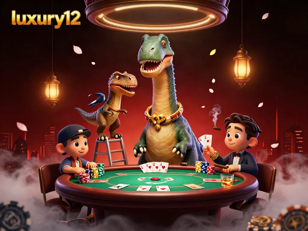 Engage with luxury12 through an exciting 3D casino scene showcasing a brontosaurus and a clever raptor dealing cards.