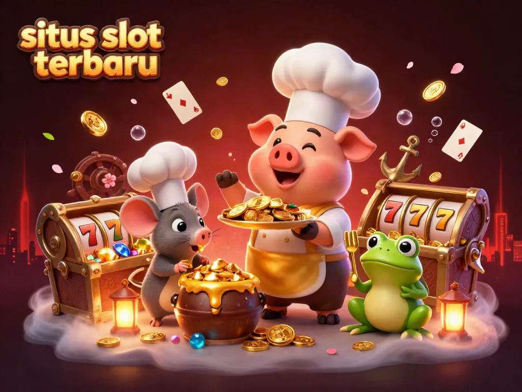 Permainan situs slot terbaru dengan karakter kartun, koin emas, dan elemen slot terkemuka.