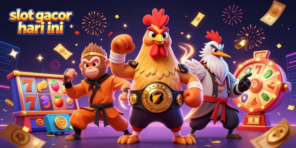 Experience the excitement of slot gacor hari ini with dynamic game elements featuring colorful characters amidst vibrant casino themes.