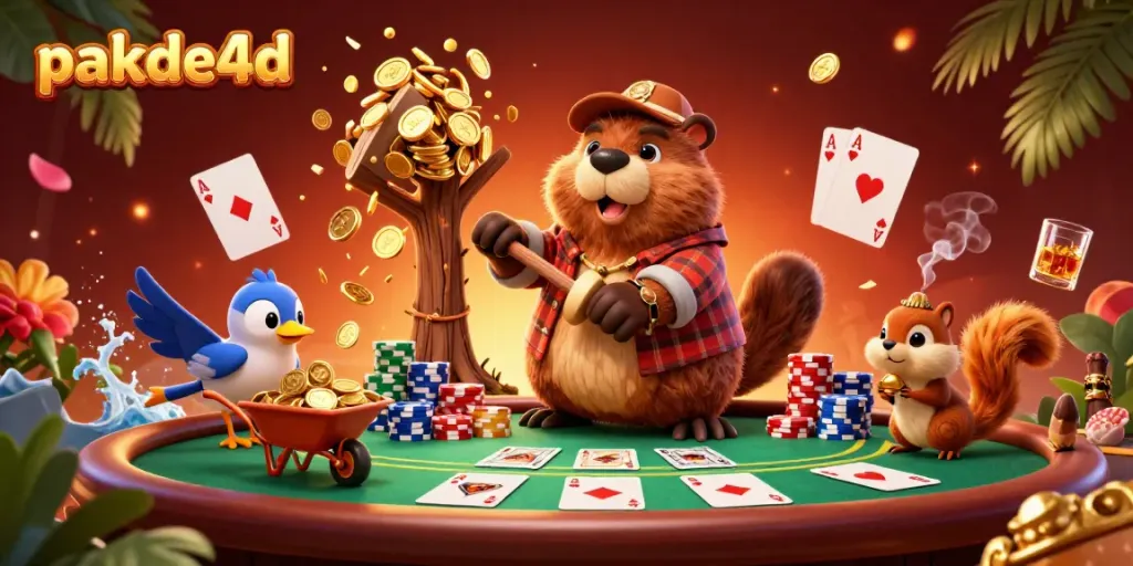Experience pakde4d fun with a beaver chopping a tree for golden coins, surrounded by poker elements.