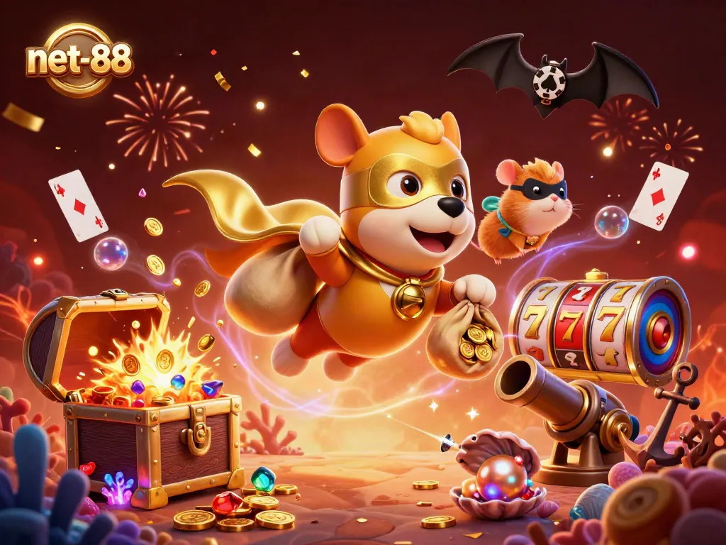 Win big with net-88 as a superhero dog flies through treasures, playing cards, and festive confetti.