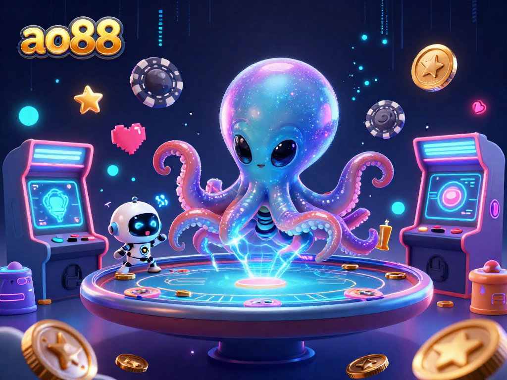 Experience exhilarating gaming at ao88 with an alien octopus dealing poker amidst vibrant casino elements.
