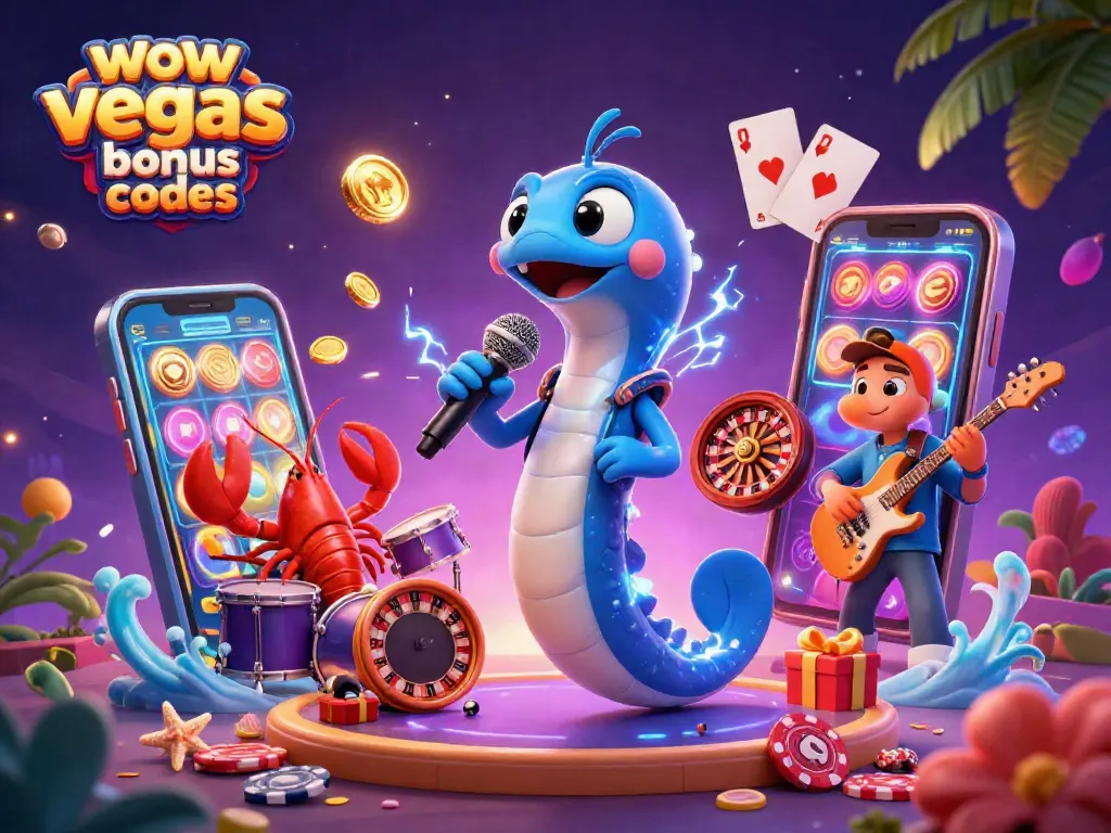 Spin for joy with wow vegas bonus codes, featuring a lively DJ eel and a vibrant underwater casino scene.
