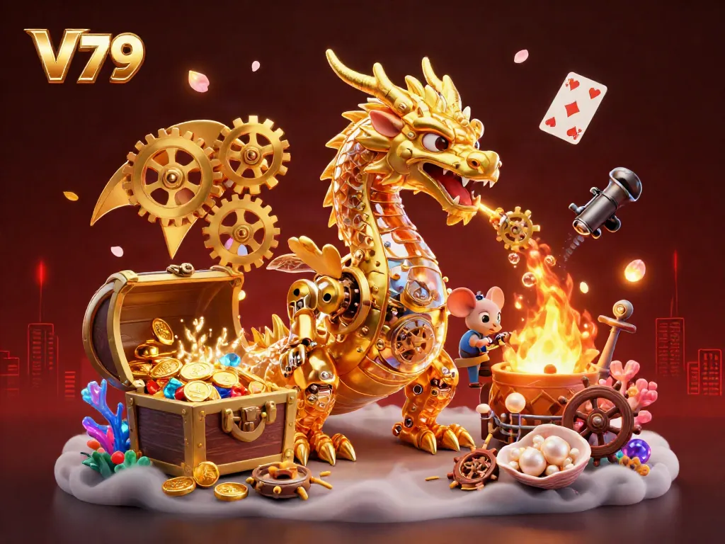 Experience the dynamic world of V79 with a golden dragon and underwater treasures in a vibrant 3D scene.