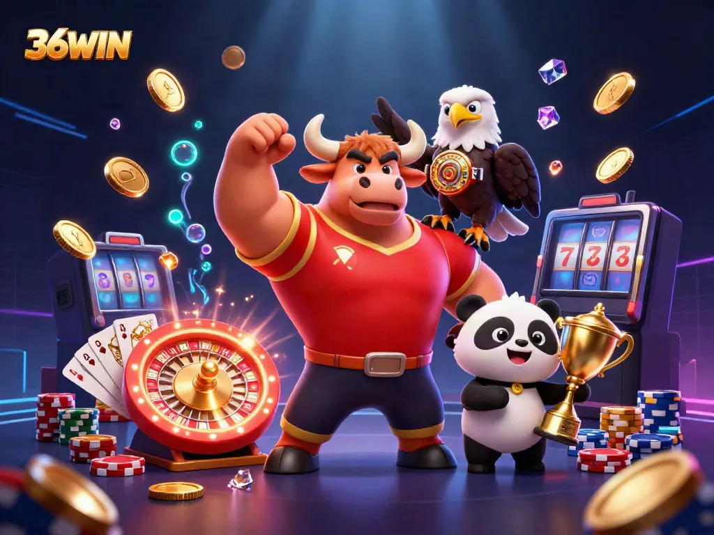 Experience the thrill of 36WIN's vibrant casino scene with iconic characters, sparkling coins, and dynamic gameplay elements.