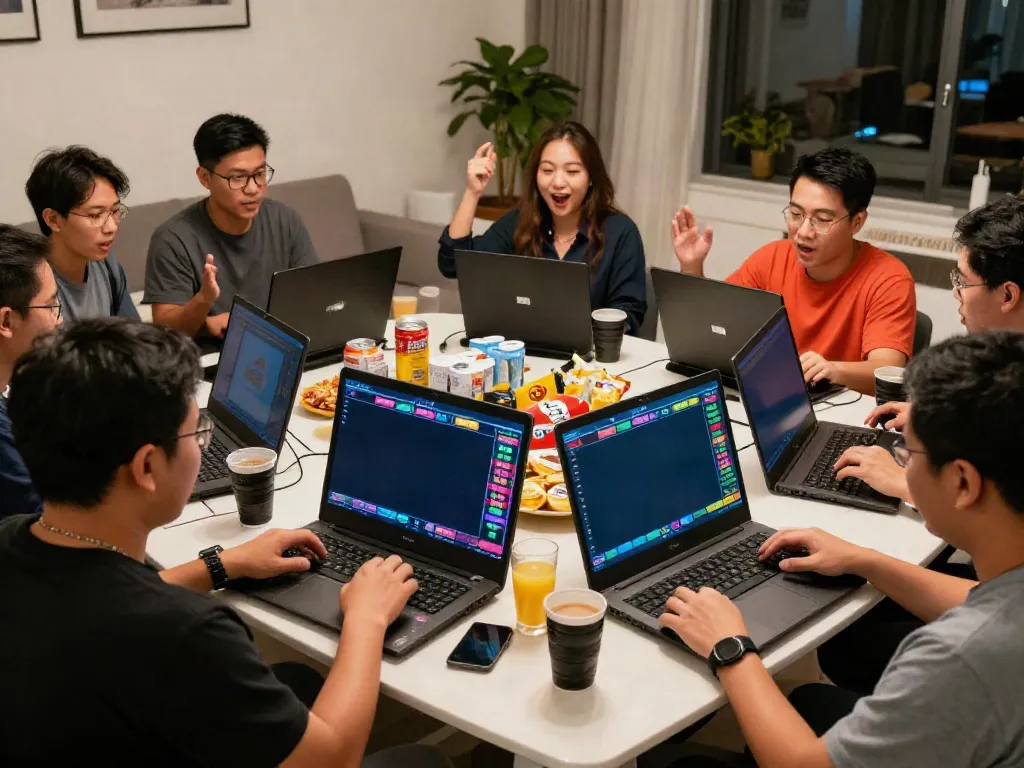 Group engaging in an unsurtoto online betting game in a lively living room.