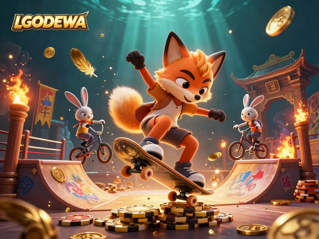 LGODEWA: A vibrant scene showcasing a fox skateboarder and rabbit BMX rider above golden poker chips, symbolizing excitement in gaming.