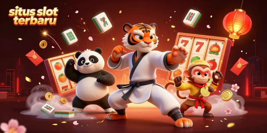 Gambar situs slot terbaru dengan tiger master dan panda di suasana kasino yang meriah.