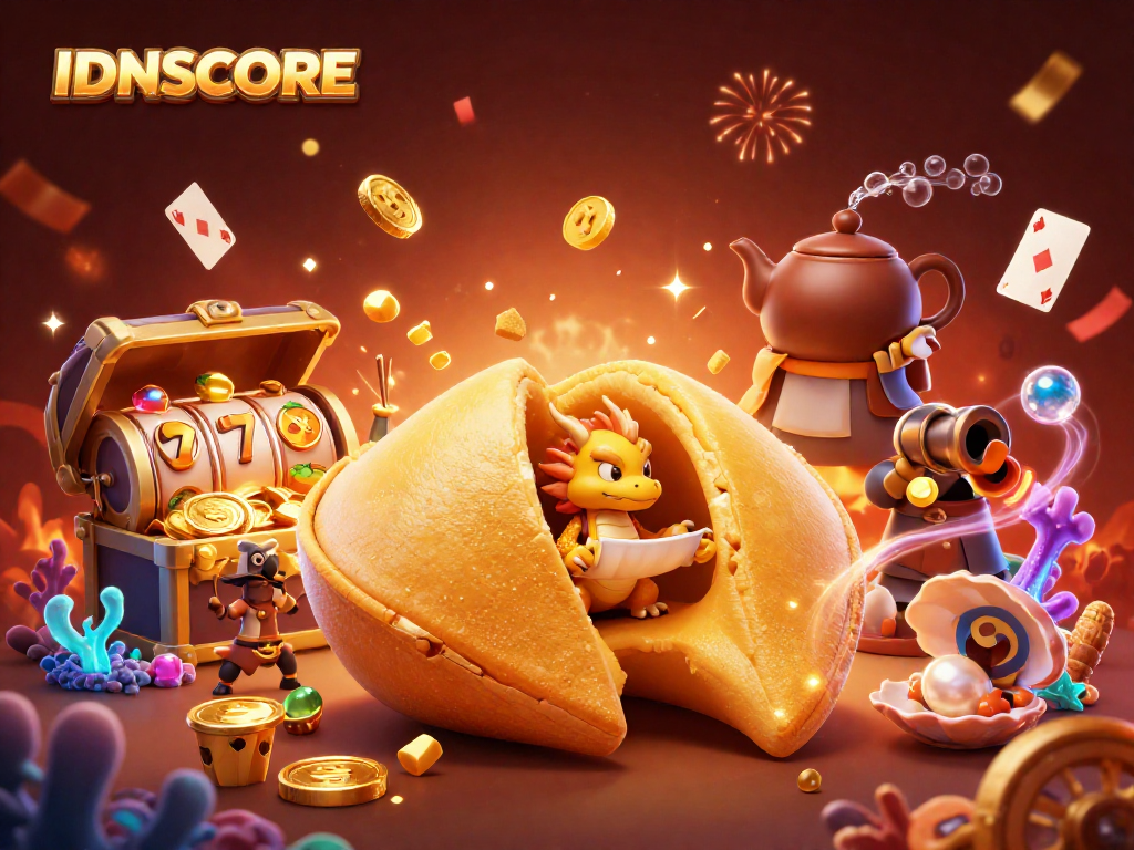 Engage with IDNSCORE’s vibrant slot gaming scene featuring a fortune cookie, dragon, and golden treasures.