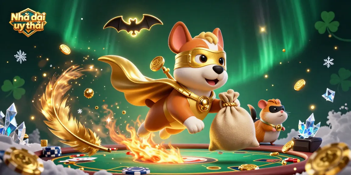 Engage with Nhà cái uy tín as cartoon characters showcase exhilarating gaming action amidst coins and poker elements.