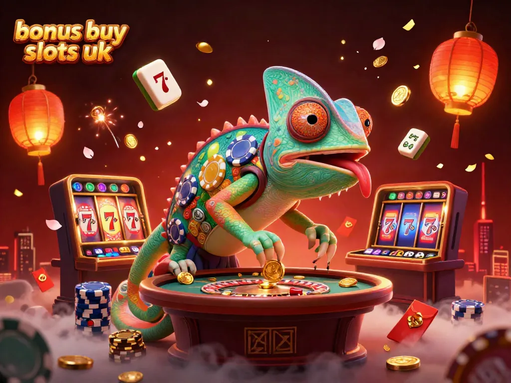 Engage in bonus buy slots UK with a vivid chameleon casino owner amidst slot reels and festive decorations.