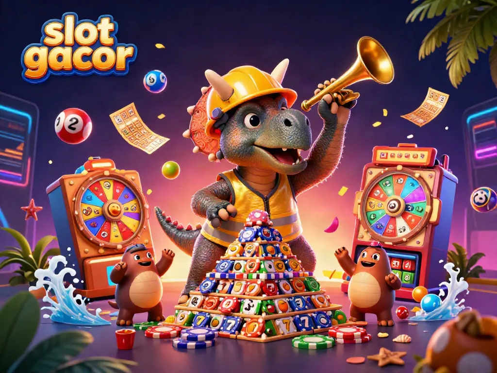Slot gacor ditampilkan bersemangat dengan dinosaurus dan elemen permainan kasino yang meriah.