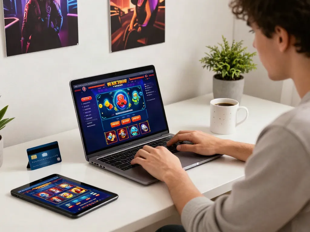 Young adult exploring new credit card casinos in a stylish home office setting.