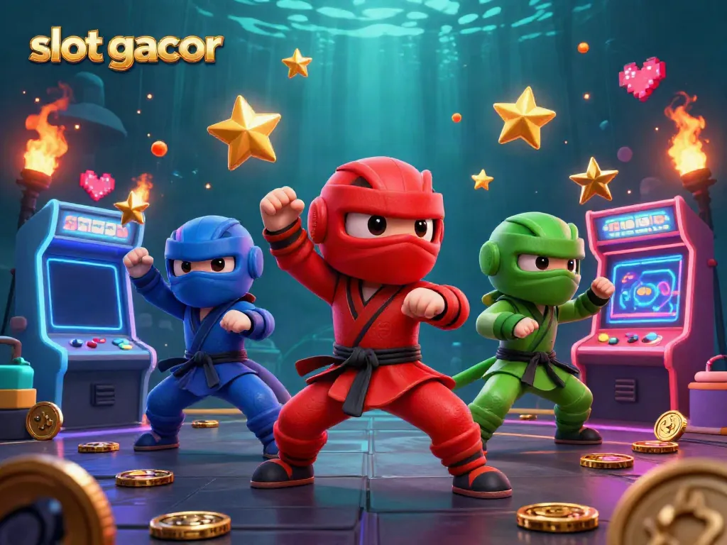Engage with slot gacor action as ninja chameleons showcase intensity and excitement in a dynamic 3D gambling scene.