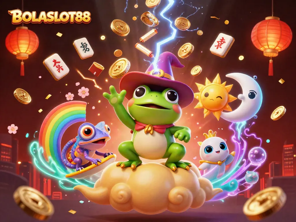 BOLASLOT88 features a vibrant scene with a wizard frog conjuring golden coins and a chameleon surfing clouds in a digital casino atmosphere.